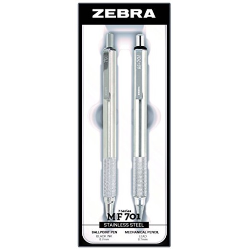 Zebra M/F 701 Stainless Steel Mechanical Pencil and Ballpoint Pen Set, Fine Point, 0.7mm HB Lead and 0.7mm Black Ink, 2-Count Gift Set, Only $9.12