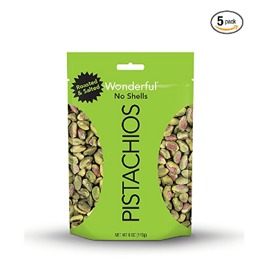Wonderful Pistachios, No-Shell, Roasted and Salted, 6 Ounce Pouch (Pack of 5) $21.63，free shipping