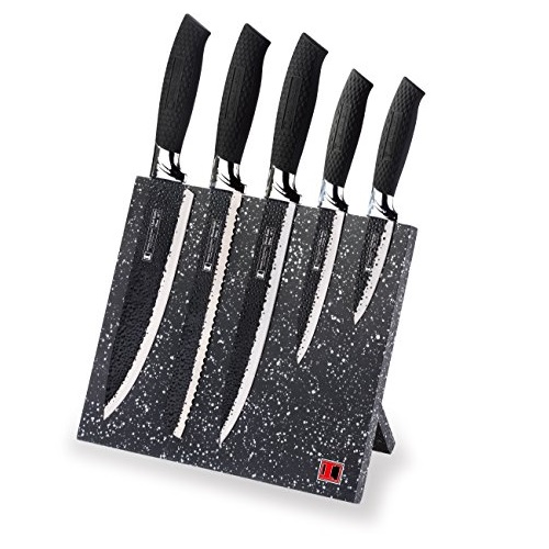Imperial Collection IM-MGN5-W Stainless Steel Knife Set with Magnetic Knife Block Featuring Embossed Blades with Non-Stick Coating, Ergonomic Soft Grip  , Only $14.99
