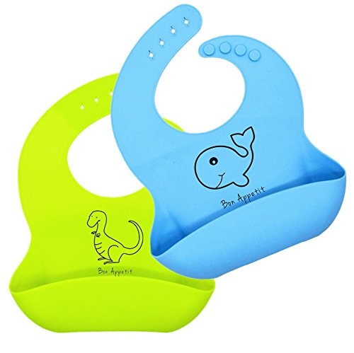 Soft Silicone Bibs Easy Wipe - With Reinforced Buttonholes - Waterproof - BPA Free - 100% Food Grade Silicone - Comfortable Adjustable Collar - 2 Pack Baby Bibs - 4 Cute Animal Prints, Only $13.57