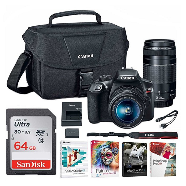 Canon EOS Rebel T6 DSLR Camera with 18-55mm and 75-300mm Lenses and Bag + 64GB Memory Card and Software Bundle $449，free shipping