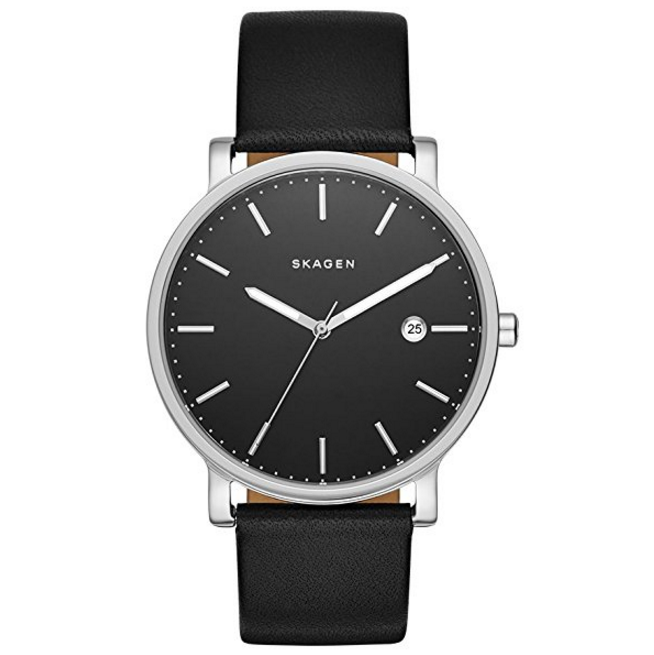 Skagen Men's Hagen Watch in Silvertone with Black Leather Strap and Dial $75.95，free shipping