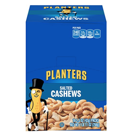 Planters Cashews, Salted, 1.5 Ounce Single Serve Bag (Pack of 18) only $9.88