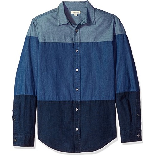Calvin Klein Jeans Men's Long Sleeve Button Down Shirt Colorblocked Chambray, Indigo, XL, Only $24.27