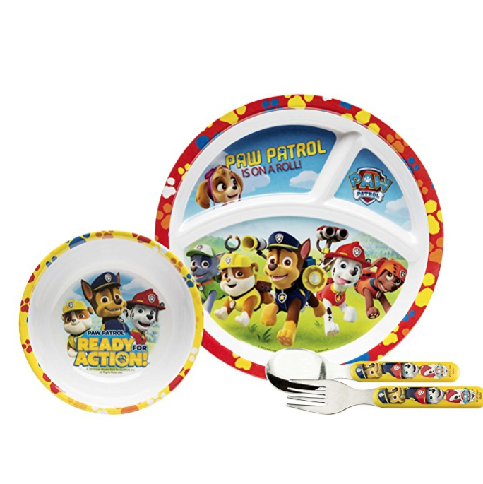 Zak Designs PWPD-3870 4 Piece Break Resistant and BPA free Plastic Toddlerific Paw Patrol Boy Mealtime Set includes Sectioned Plate, Bowl and Flatware  Utensils, Multicolor only $13.43