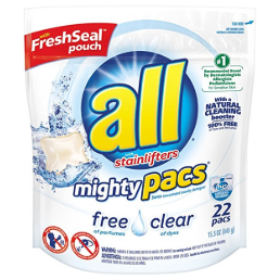 all Mighty Pacs Laundry Detergent, Free Clear for Sensitive Skin, Unscented, Pouch, 22 Count $2.99