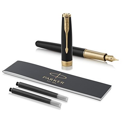 PARKER Sonnet Fountain Pen, Black Lacquer with Gold Trim, Solid 18k Gold Fine Nib $93.06