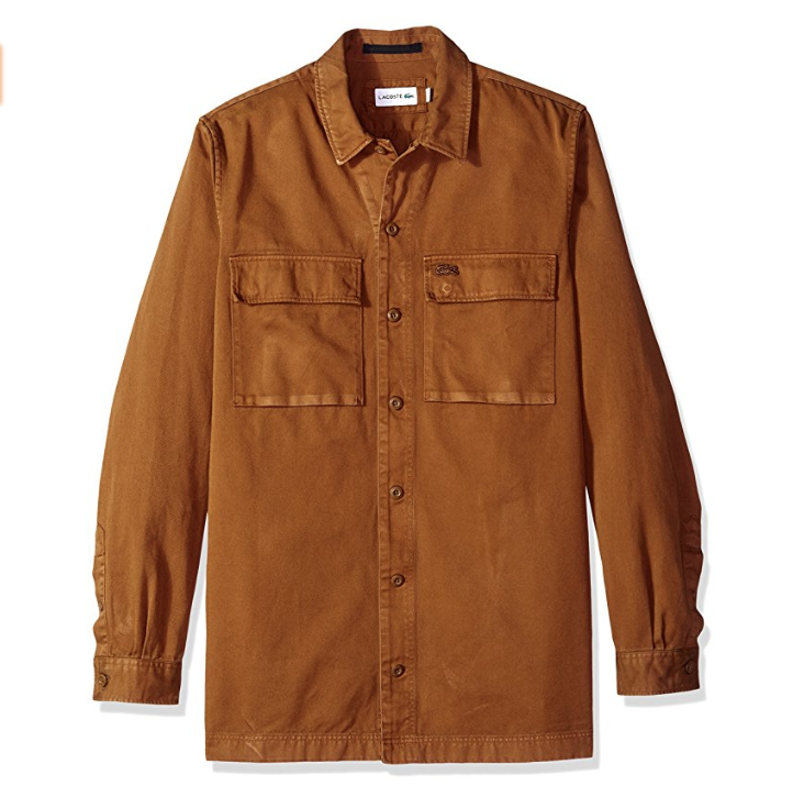 Lacoste Men's Long Sleeve Fancy Collar Twill Regular Fit Woven Shirt, CH5023, Dark Renaissance Brown, L only $35.11