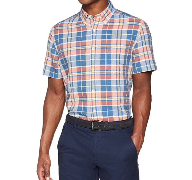 Nautica Men's Short Sleeve Classic Fit Plaid Linen Button Down Shirt only $14.73