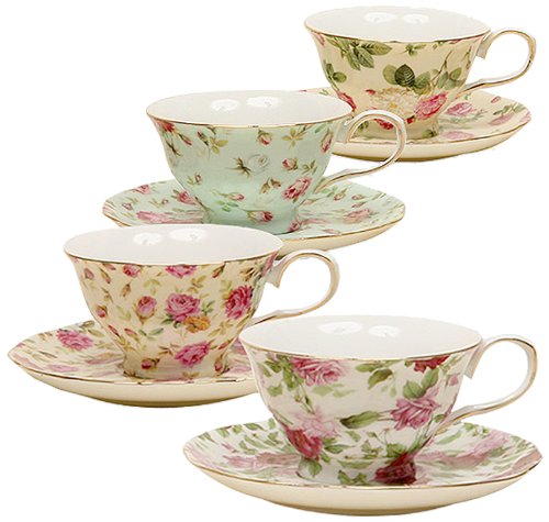 Gracie China Rose Chintz 8-Ounce Porcelain Tea Cup and Saucer, Set of 4 $23.99