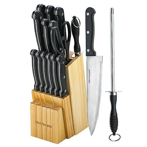 Knife Set With Wooden Block - 15 Piece Set Includes Chef Knife, Bread Knife, Carving Knife, Utility Knife, Paring Knife, Steak Knife,   - By Kitch N’ Wares, Only $13.07