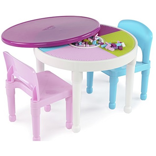 Humble Crew, White/Blue/Pink Kids 2-in-1 Plastic Building Blocks-Compatible Activity Table and 2 Chairs Set, Light Colors, Only $40.49, free shipping