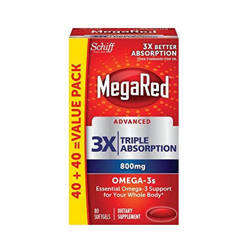 MegaRed Omega-3 Fish Oil 800mg Supplement- Megared Triple Absorption 80 softgels - EPA/DHA fatty acids, Antioxidants, Carotenoids, 3x Absoption, No Preservatives,, Only$12.84