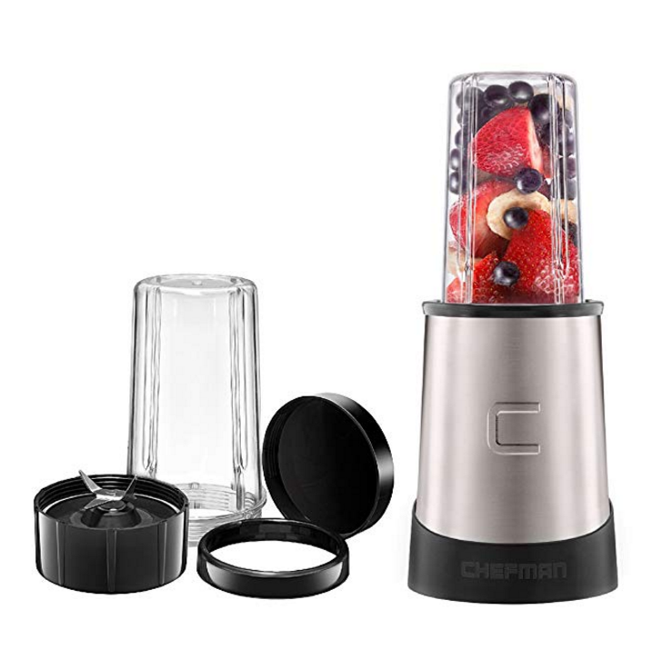 Chefman Ultimate Personal Smoothie Blender, Single Serve, Stainless Steel Blending Blade, 2 Travel Cups with Lids, Solid Storage Cover and Comfort Drinking Rim, 6 Piece - RJ28-6-SS-Black $12.99