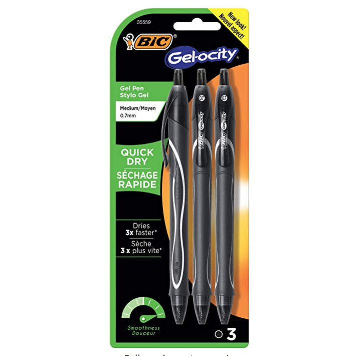 BIC Gel-ocity Quick Dry Retractable Gel Pen, Medium Point (0.7mm), Black, 3-Count only $2.69
