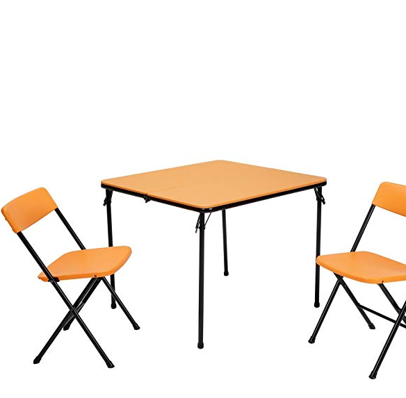 Cosco Products COSCO 3 Piece Indoor Outdoor Center Fold Table and 2 Chairs Tailgate Set, Orange, Black Frame only $44.22