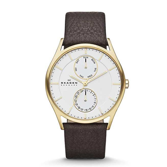 Skagen Men's Holst Quartz Stainless Steel and Leather Casual Watch, Color: Gold-Tone, Brown (Model: SKW6066) only $87.43