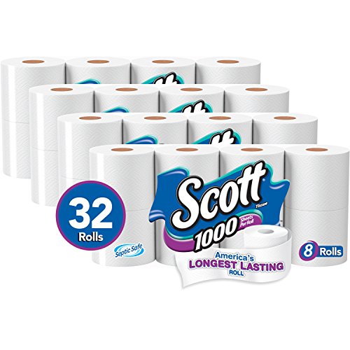 Scott 1000 Sheets per Roll, 4 Packs of 8 Rolls (32 Rolls Total), Septic Safe Bath Tissue, Only $26.55