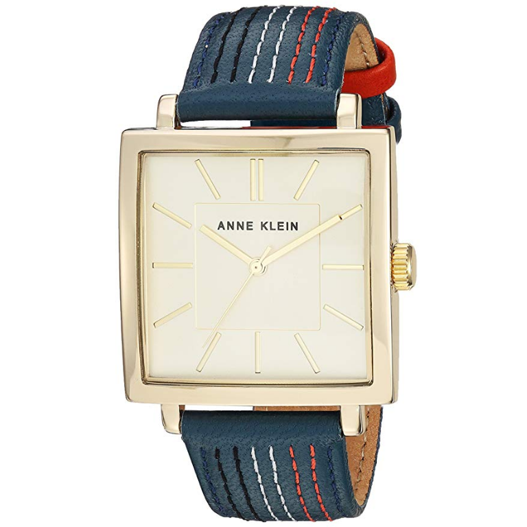 Anne Klein Women's AK/2740CHBL Gold-Tone and Navy Blue Leather Strap Watch $47.82，free shipping