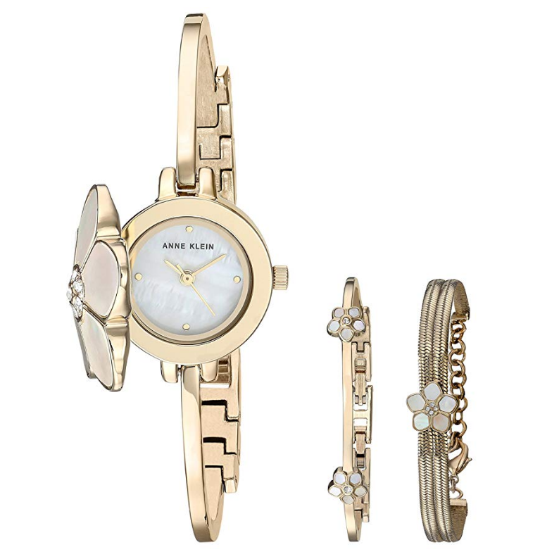 Anne Klein Women's Swarovski Crystal Flower Accented Gold-Tone Bangle Watch and Bracelet Set $92.29，free shipping
