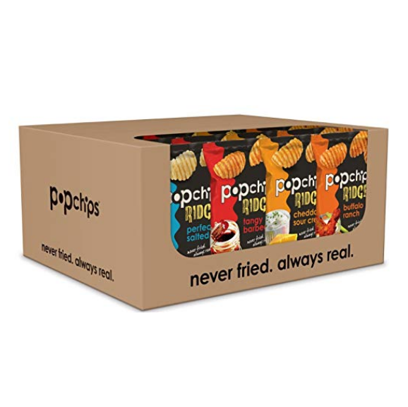 Popchips Ridges Potato Chips Variety Pack Single Serve 0.8 oz Bags (Pack of 24), 8 Tangy BBQ, 8 Cheddar & Sour Cream, 8 Buffalo Ranch, only  $10.62
