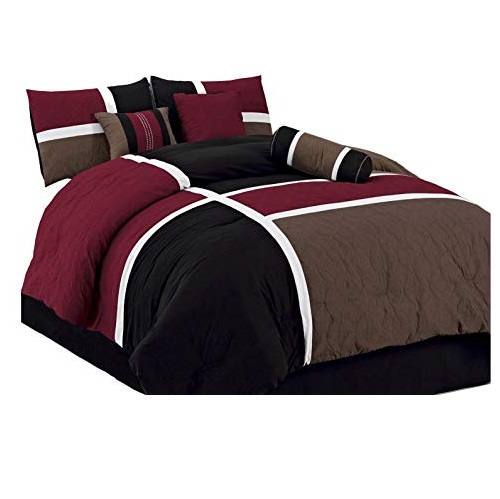 Chezmoi Collection 7-Piece Quilted Patchwork Comforter Set, Burgundy/Brown/Black, King, Only $59.99, free shipping
