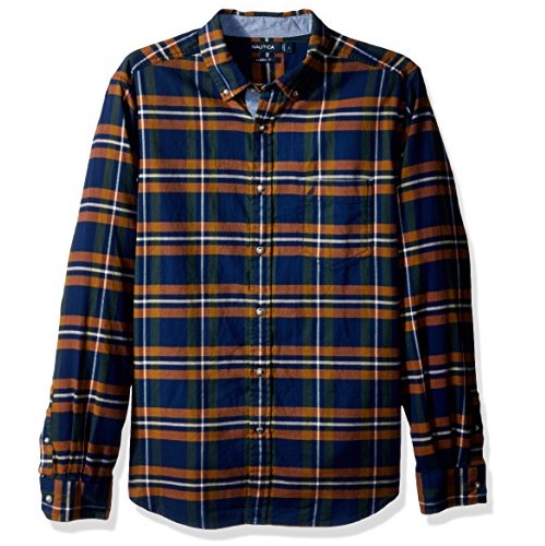 Nautica Men's Long Sleeve Plaid Cozy Flannel Button Down Shirt, Marine Blue, Large, Only $14.32