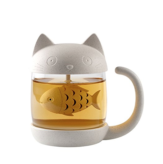 Carlie Cute Cat Glass Cup Tea Mug With Fish Tea Infuser Strainer Filter only $11.89