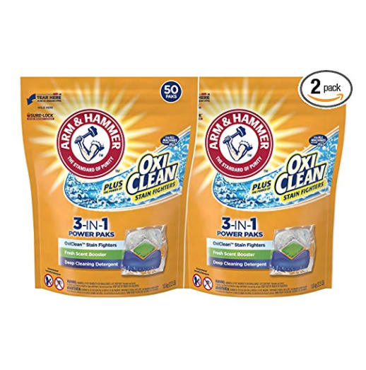 Arm & Hammer Plus OxiClean 3-in-1 HE Laundry Power Paks, 2 pack, 50 count, 100 loads only $14.09