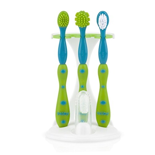 Nuby 4-Stage Oral Care Set with 1 Silicone Finger Massager, 2 Massaging Brushes, 1 Nylon Bristle Toddler Tooth Brush, Green/Aqua, Only $4.97