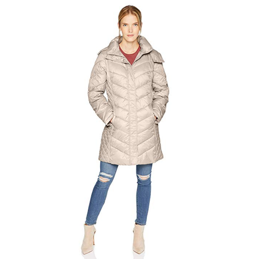 Kenneth Cole New York Women's Thigh Length Zip Puffer Jacket with Mix Quilts $47.25，free shipping