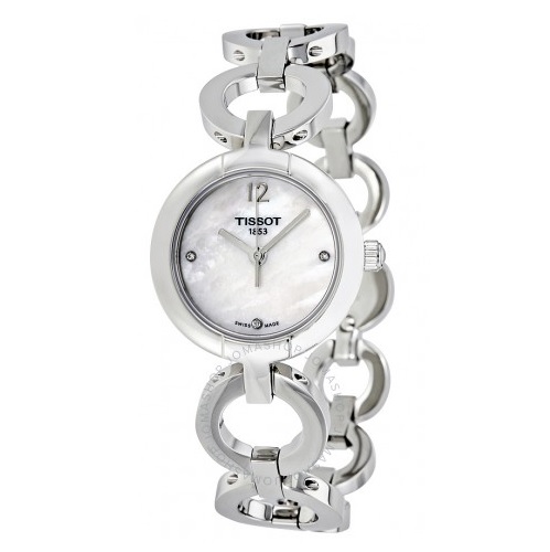 TISSOT White Mother of Pearl Dial Diamond-set Stainless Steel Bangle Ladies Watch Item No. T084.210.11.116.01, only $139.99 after using coupon code, free shipping