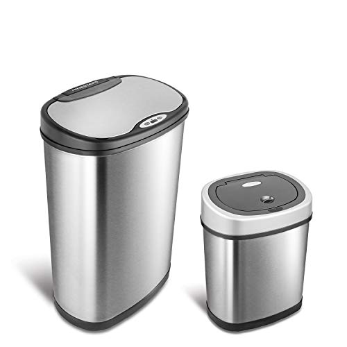 NINESTARS CB-DZT-50-13/12-9 Automatic Touchless Infrared Motion Sensor Trash Can Combo Set, 13 Gal 50L & 3 Gal 12L, Stainless Steel Base (Oval, Silver/Black Lid), Only $54.98, free shipping