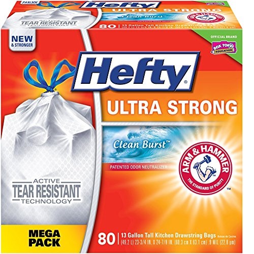 Hefty SYNCHKG082685 Ultra Strong Trash Bags (Clean Burst, Tall Kitchen Drawstring, 13 Gallon, 80 Count) – Fits All Simplehuman Size J Cans, 80ct, White, Only $9.63， free shipping