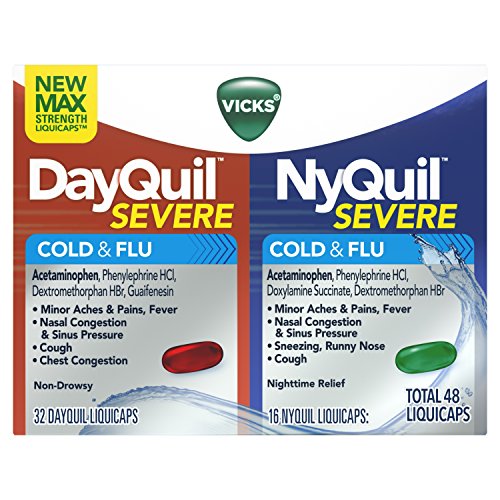 Vicks DayQuil and NyQuil SEVERE Cough, Cold and Flu Relief, 48 LiquiCaps (32 DayQuil and 16 NyQuil) - Relieves Sore Throat, Fever, and Congestion, Day or Night, Only $15.19