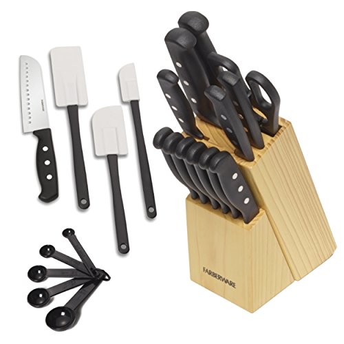 Farberware 5152501 'Never Needs Sharpening' 22-Piece Triple Rivet Stainless Steel Knife Block Set with Kitchen Tool Set For Back to School College, Black, Only $19.37