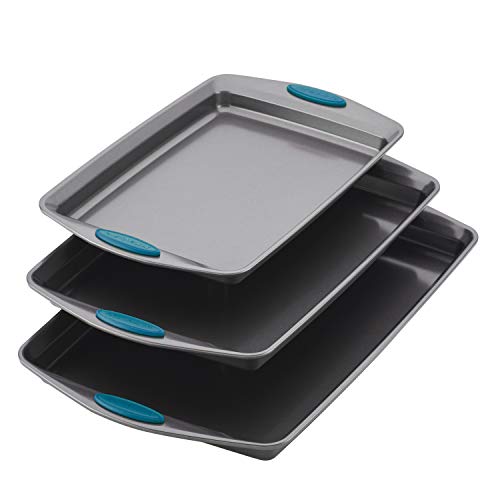 Rachael Ray 47425 3-Piece Cookie Pan Steel Baking Sheet Set, Gray with Marine Blue Grips, Only $21.94
