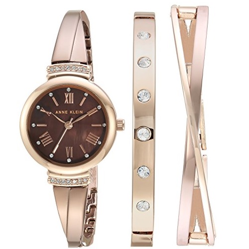 Anne Klein Women's AK/2245BRST Swarovski Crystal Accented Rose Gold-Tone and Light Brown Watch and Bracelet Set, Only $83.90, free shipping