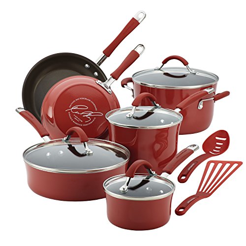 Rachael Ray Cucina Hard Porcelain Enamel Nonstick Cookware Set, 12-Piece, Cranberry Red, Only $89.99,free shipping