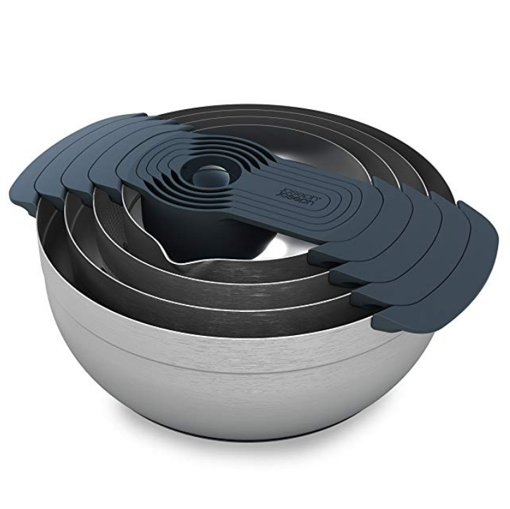 Joseph Joseph 95032 Nest 9 Stainless Steel Compact Nesting Mixing Bowl Set Measuring Tools Sieve Colander Food Prep Dishwasher Safe Non-Slip, 9-Piece, Silver $58.99，free shipping
