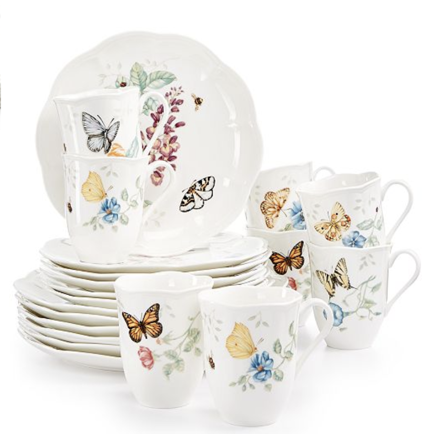 $89.99 ($390.00, 77% off) Lenox Butterfly Meadow 18-Piece Dinnerware Set + 2 Bonus Mugs