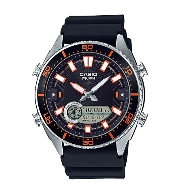 Casio Men's 'Ana-Digi' Quartz Metal and Resin Casual Watch, Color:Black (Model: AMW-720-1AVCF) only $45.50