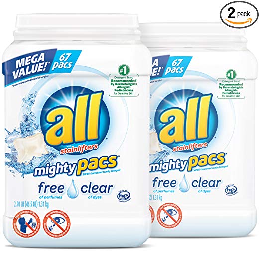 all Mighty Pacs Laundry Detergent, Free Clear for Sensitive Skin, 67 Count, 2 Tubs, 134 Total Loads $14.95
