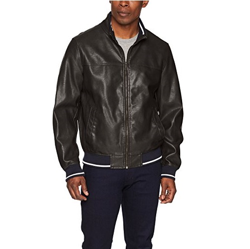 Tommy Hilfiger Men's Lamb Touch Faux Leather Bomber Jacket with Contrast Rib Knit, Only $42.85, free shipping
