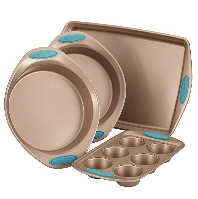 Rachael Ray Cucina Nonstick Bakeware 4-Piece Set, Latte Brown with Agave Blue Handle Grips $19.59
