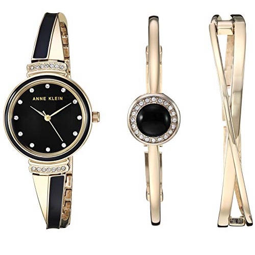 Anne Klein Women's AK/3292BKST Swarovski Crystal Accented Gold-Tone and Black Watch and Bangle Set, Only $44.99, free shipping