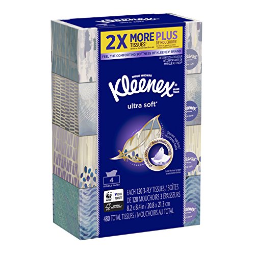 Kleenex Ultra Soft Facial Tissue Regular (Pack of 4), 120 count Each, 3 ply, White, Only $5.99