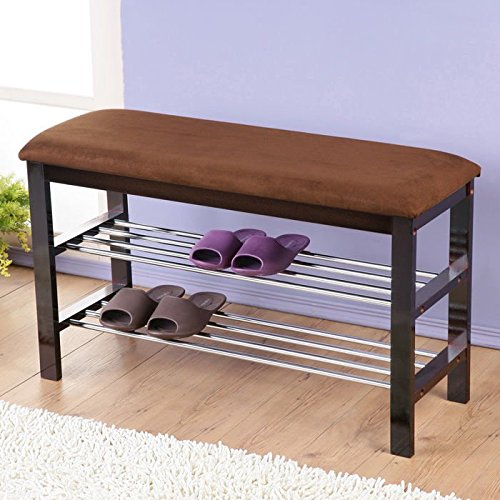 Roundhill Furniture Dark Espresso Wood Shoe Bench with Chocolate Microfiber Seat, Only $29.99, free shipping