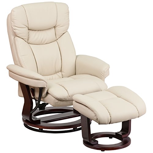 Flash Furniture Contemporary Beige Leather Recliner and Ottoman with Swiveling Mahogany Wood Base, Only $265.26, free shipping