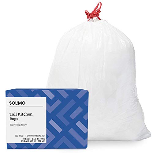 Amazon Brand - Solimo Tall Kitchen Drawstring Trash Bags, 13 Gallon, 200 Count $17.58
